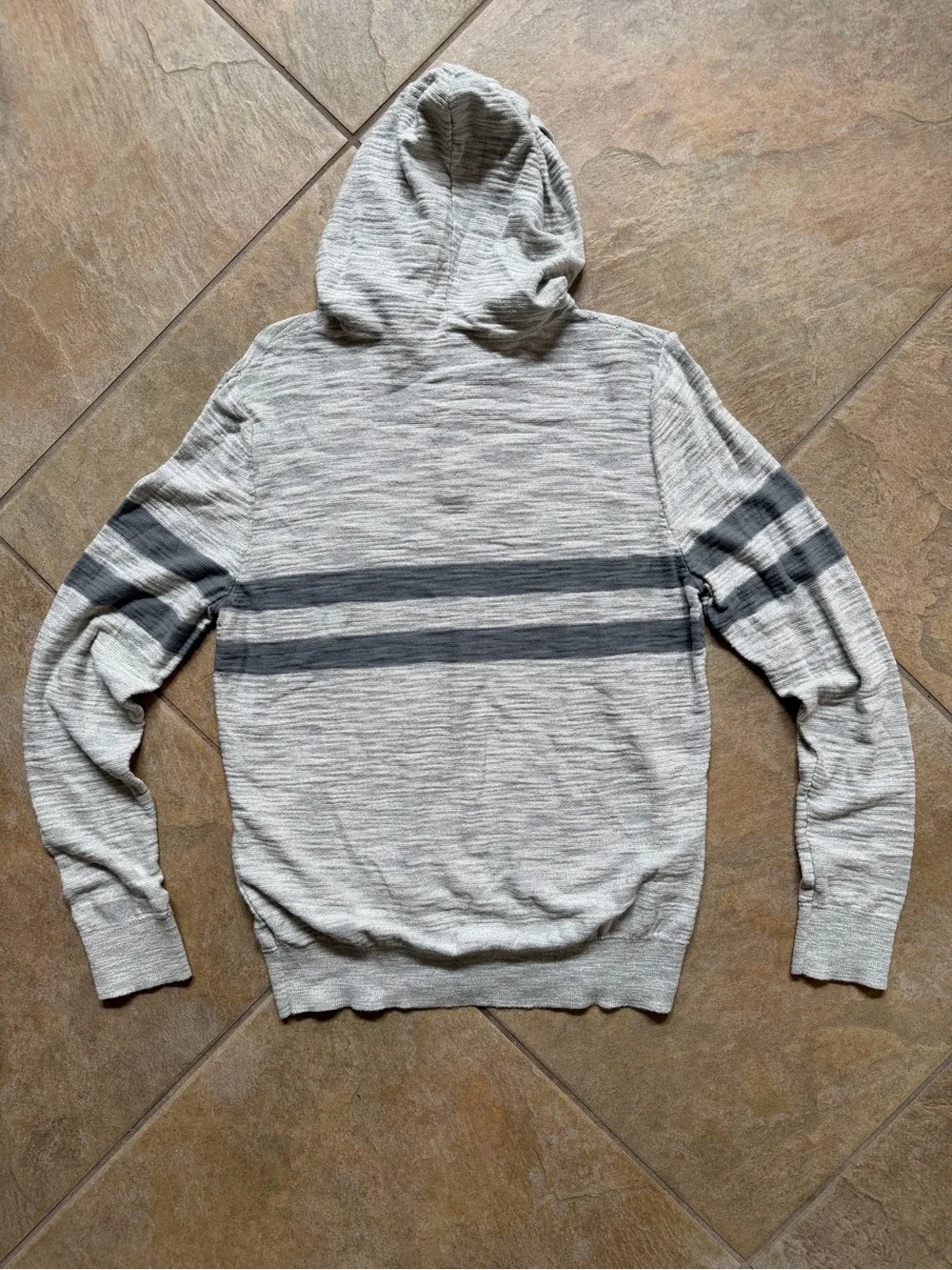 Express Men's Light Gray Hooded Sweater with Dark Gray Stripes - Picture 3 of 3